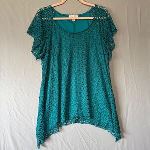 Dressbarn Womens Lace Top 1X Teal Asymmetric Lined Mature Work Office Business